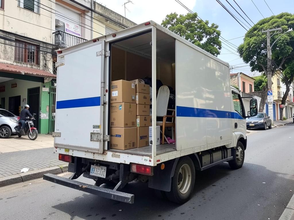 Caminhão de mudança carregado com caixas organizadas