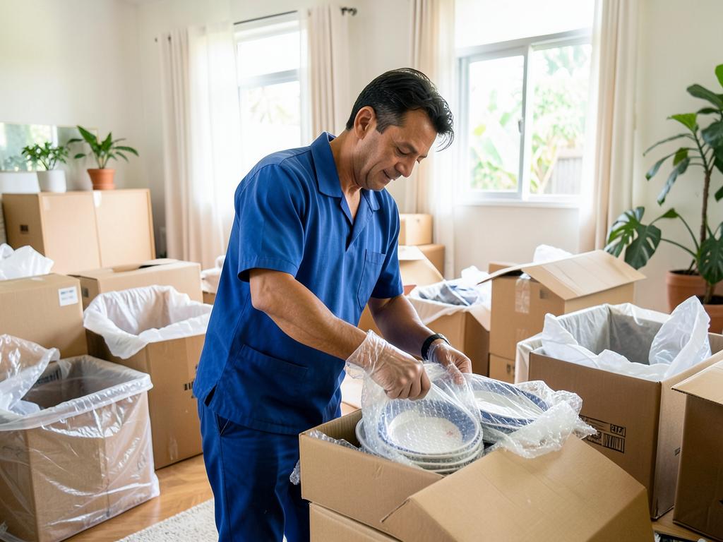 Profissional embalando louças com plástico-bolha