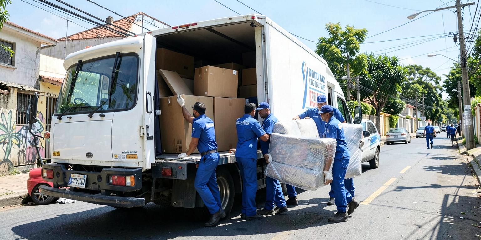 Equipe de mudança carregando móveis embalados em caminhão